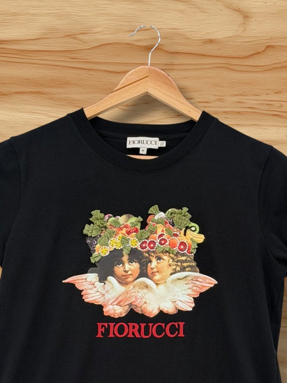 Fiorucci Black Beaded Citrus Angel Tassel Cotton Graphic Tee M - Picture 3 of 4